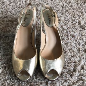 Cole Haan metallic gold sling back peep toe heels